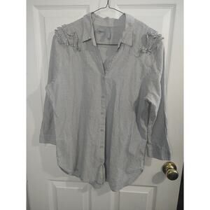 Sibel Saral Blouse Micro Stripe Ruffle Shoulder 3/4 Sleeve Button Front-med